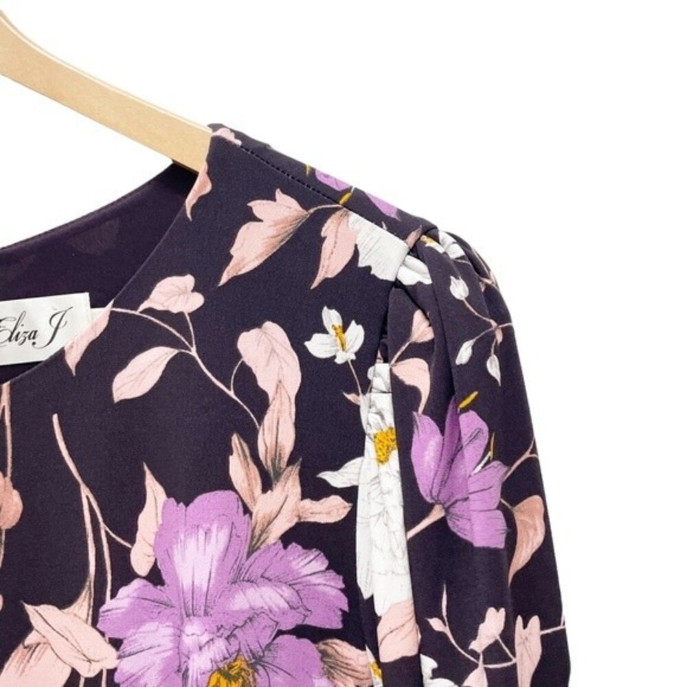 NWT Eliza J Floral Long Sleeve Shirred Midi Dress Aubergine Blooms Plus Size 20W - Picture 8 of 16